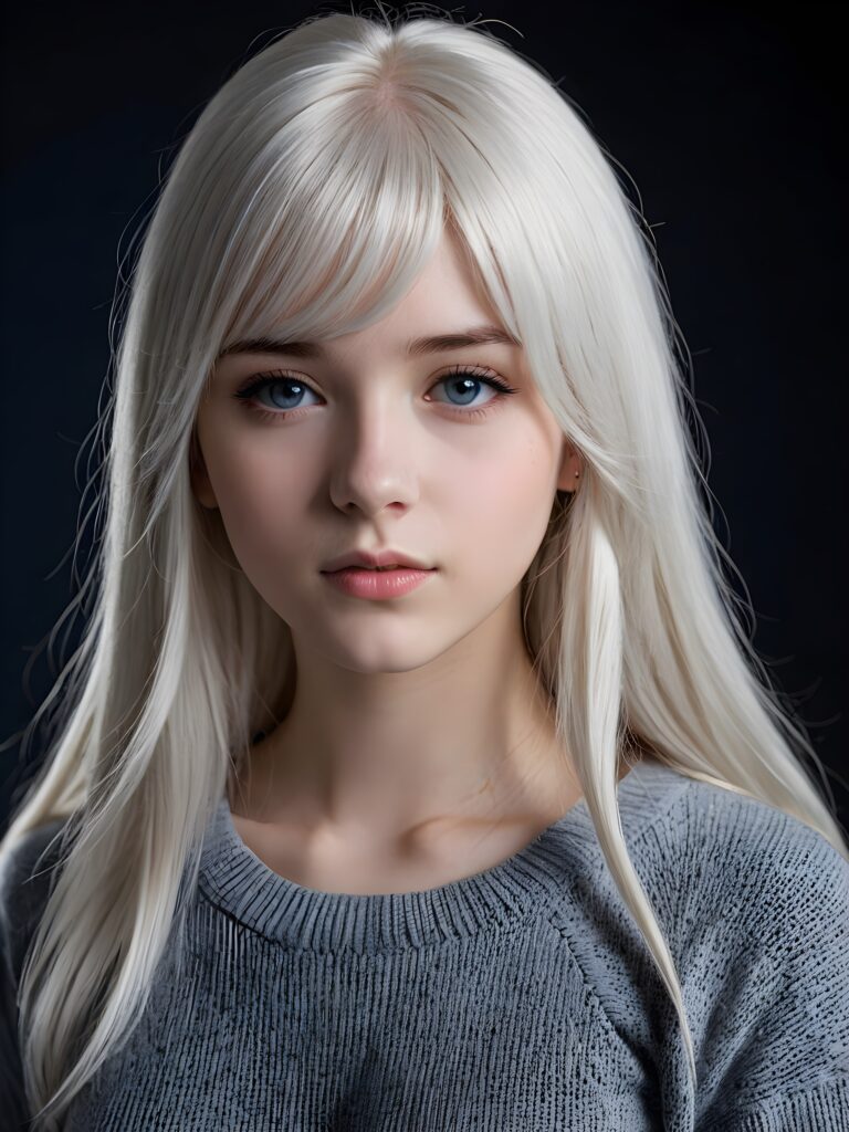 a young cute Emo teen girl, she has (((long platinum white colored hair, bangs cut))), and (realistic dark blue eyes), ((angelic round face)), perfect shadows, ((wearing a thin grey sweater)), she looks seductively at the viewer, weak light falls into the picture and creates a contrasting silhouette, upper body, flawless skin, dark background, ((ultra realistic photo)) ((stunning)) ((gorgeous)) ((4k))