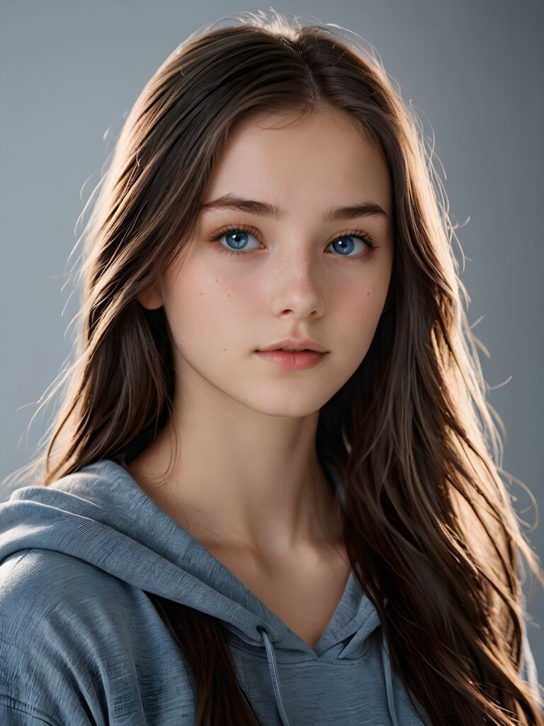 a young cute Emo teen girl, 15 years old, dimmed light falls on her, she has (((long hair))), and (realistic dark blue eyes), ((angelic round face)), in a dreamy, perfect shadows, wearing a grey hoodie, perfect curved body, she looks seductively at the viewer, upper body, flawless skin, light background, ((side profile)) ((ultra realistic photo)) ((stunning)) ((gorgeous)) ((4k))