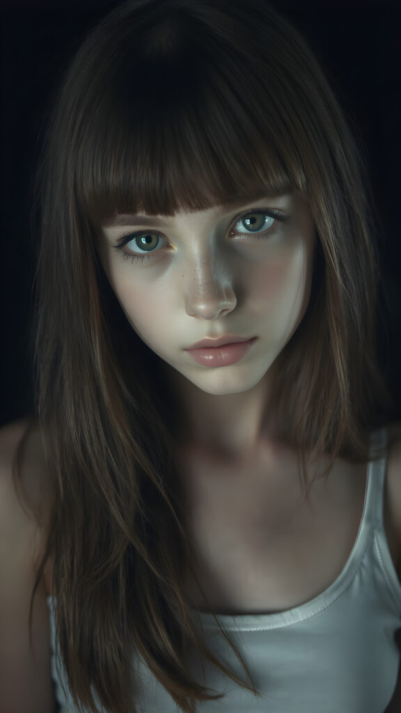 a young cute Emo teen girl, she has (((long straight hazelnut hair, bangs cut))), and (realistic dark blue eyes), ((angelic round face)), perfect shadows, ((wearing a thin white tank top)), she looks seductively at the viewer, weak light falls into the picture and creates a contrasting silhouette, upper body, flawless skin, dark mystic background, ((ultra realistic photo)) ((stunning)) ((gorgeous)) ((4k))