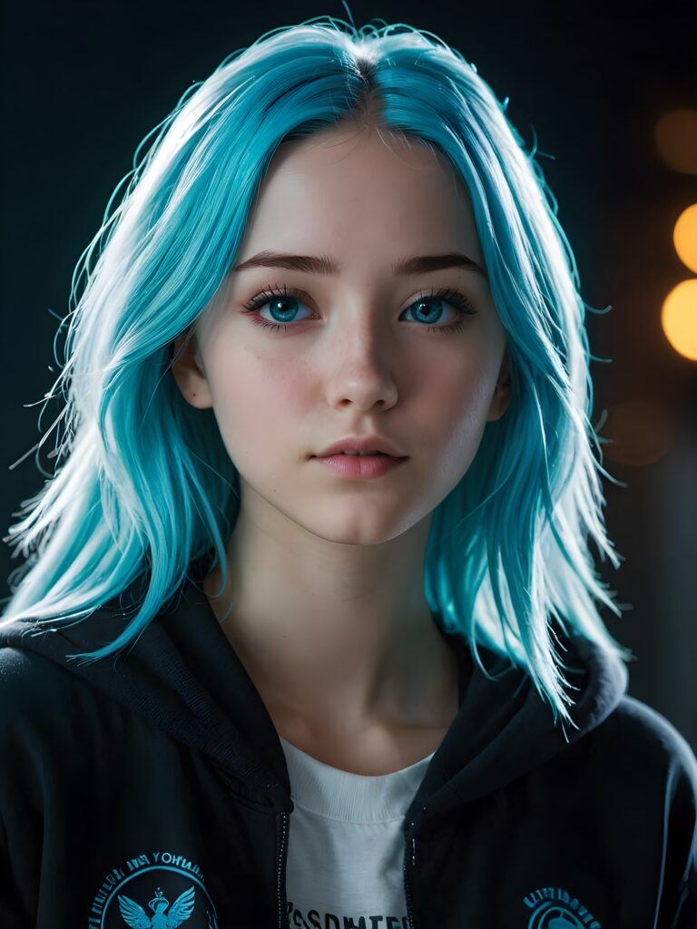 a young cute Emo teen girl, 15 years old, she has long (((neon light blue hair))), and (realistic dark blue eyes), ((angelic round face)), in a dreamy, perfect shadows, wearing a grey hoodie, perfect curved body, she looks seductively at the viewer, weak light falls into the picture and creates a contrasting silhouette, upper body, flawless skin, dark background, ((side profile)) ((ultra realistic photo)) ((stunning)) ((gorgeous)) ((4k))