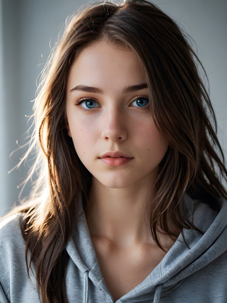 a young cute Emo teen girl, 15 years old, dimmed light falls on her, she has (((long hair))), and (realistic dark blue eyes), ((angelic round face)), in a dreamy, perfect shadows, wearing a grey hoodie, perfect curved body, she looks seductively at the viewer, upper body, flawless skin, light background, ((side profile)) ((ultra realistic photo)) ((stunning)) ((gorgeous)) ((4k))