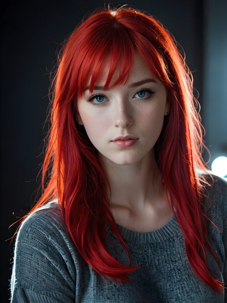 a young cute Emo teen girl, she has (((long neon red hair, bangs cut))), and (realistic dark blue eyes), ((angelic round face)), perfect shadows, ((wearing a thin grey sweater)), she looks seductively at the viewer, weak light falls into the picture and creates a contrasting silhouette, upper body, flawless skin, dark mystic background, ((ultra realistic photo)) ((stunning)) ((gorgeous)) ((4k))