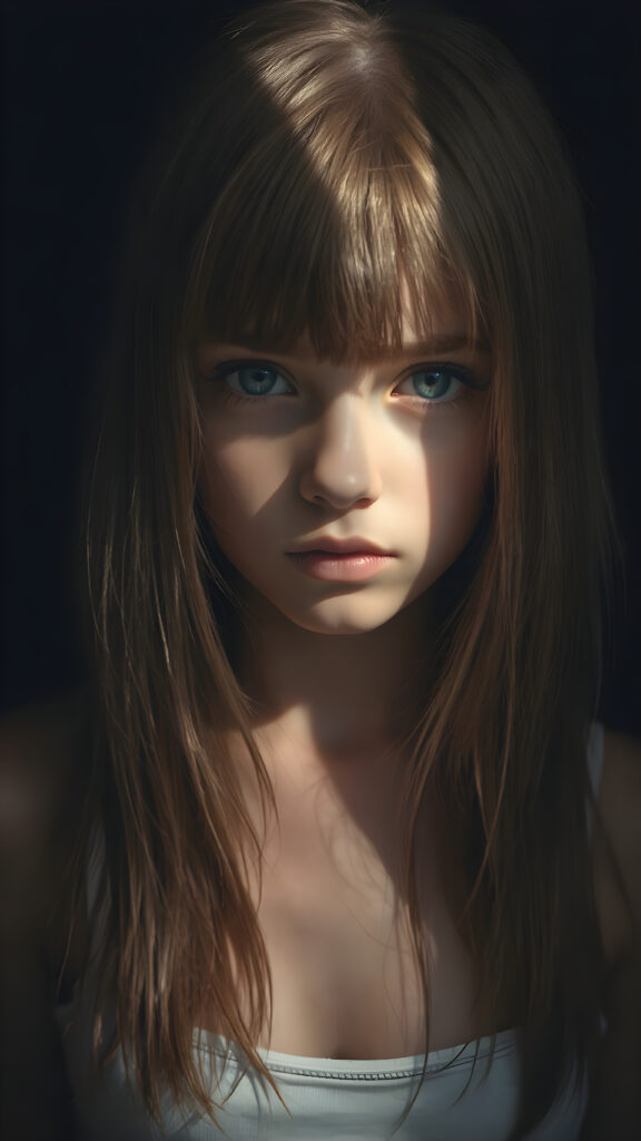 a young cute Emo teen girl, she has (((long straight hazelnut hair, bangs cut))), and (realistic dark blue eyes), ((angelic round face)), perfect shadows, ((wearing a thin white tank top)), she looks seductively at the viewer, weak light falls into the picture and creates a contrasting silhouette, upper body, flawless skin, dark mystic background, ((ultra realistic photo)) ((stunning)) ((gorgeous)) ((4k))