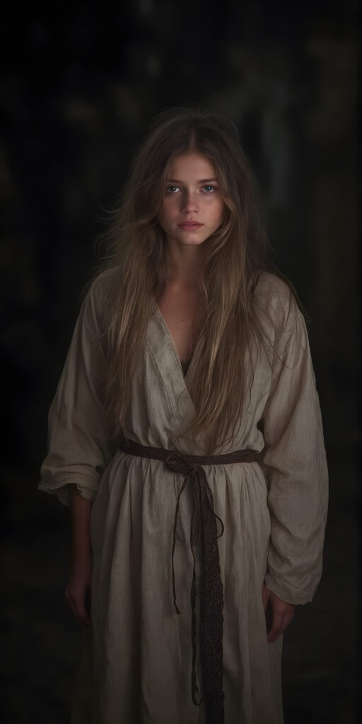 a young cute adult girl from the Middle Ages stands in a dark street wearing a traditional white robe. Her long hair is disheveled and falls over her shoulders, she looks seductive