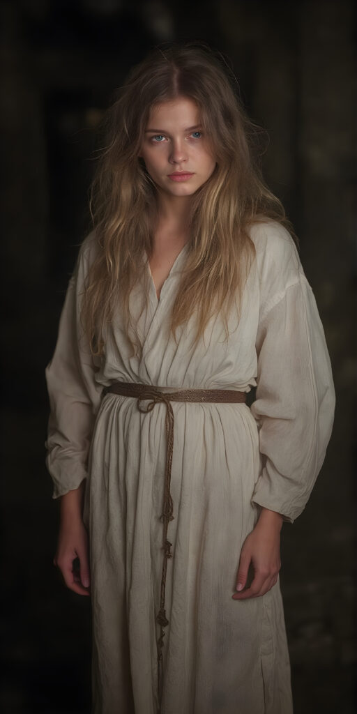 a young cute adult girl from the Middle Ages stands in a dark street wearing a traditional white robe. Her long hair is disheveled and falls over her shoulders, she looks seductive