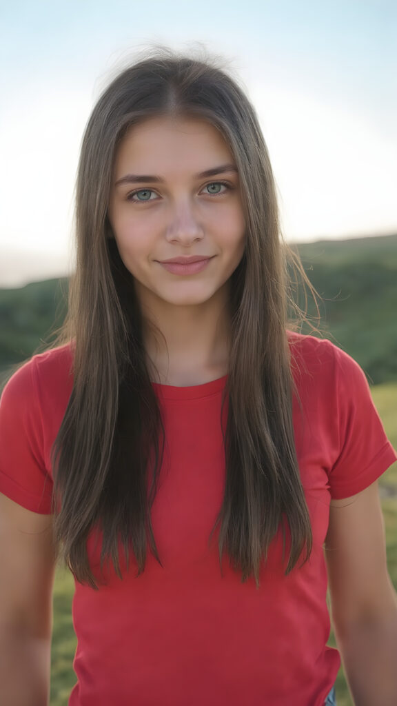 a young cute adult girl with long, straight jet brown hair and an angelic face wears a red t-shirt that accentuates her perfectly shaped body. She looks seductively into the camera with a slight smile, sunny green backdrop on a hill