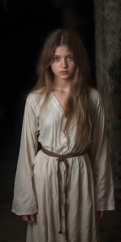 a young cute adult girl from the Middle Ages stands in a dark street wearing a traditional white robe. Her long hair is disheveled and falls over her shoulders, she looks seductive