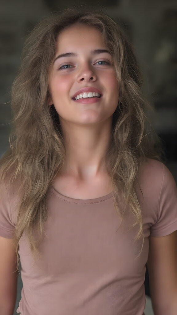 a young cute adult girl with long, curly dark blond hair and an angelic face wears a thin, brown T-shirt that accentuates her perfectly shaped body. She looks seductively up with an open mouth, white teeth, half closed eyes