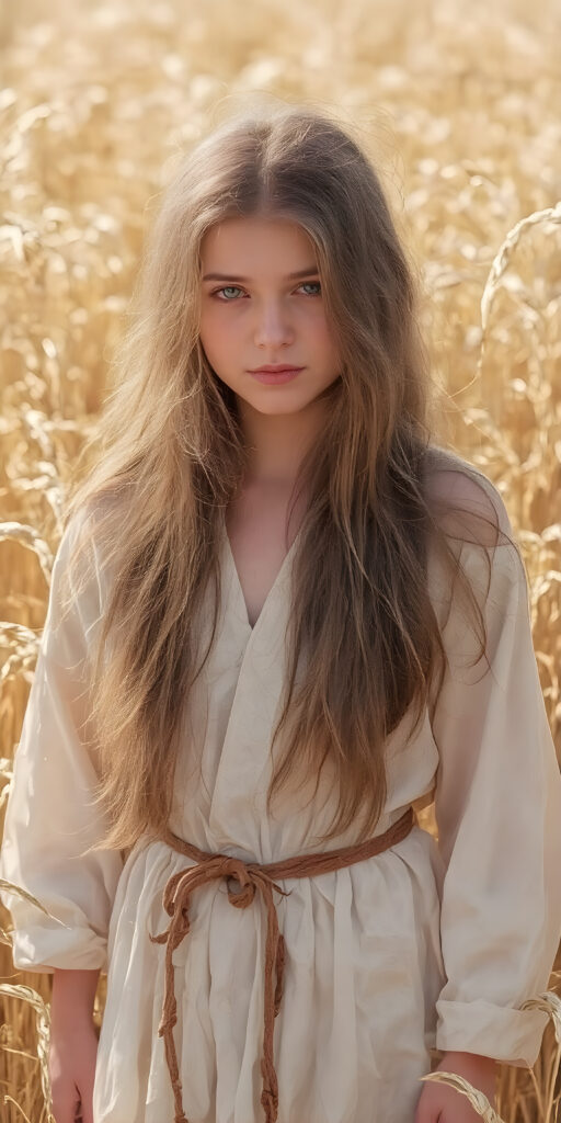 a young cute adult girl from the Middle Ages stands in a sunny wheat field wearing a traditional white robe. Her long hair is disheveled and falls over her shoulders, she looks seductive