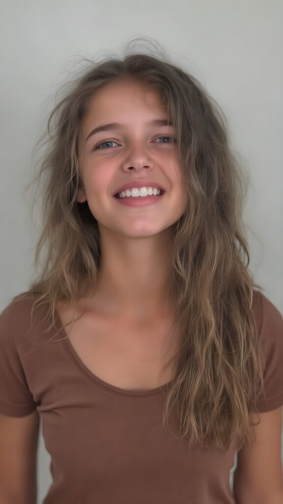 a young cute adult girl with long, curly dark blond hair and an angelic face wears a thin, brown T-shirt that accentuates her perfectly shaped body. She looks seductively up with an open mouth, white teeth, half closed eyes