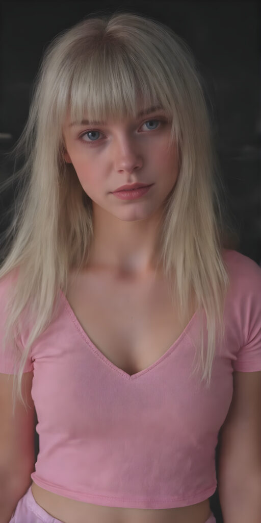 a young cute adult busty girl with long, straight white hair, bangs and an angelic face wears a thin, pink cropped tank top that accentuates her perfectly shaped body, deep v-neck. She looks seductively into the camera with a slight smile and wears a short pink round mini skirt, all against a dark backdrop, full body shot