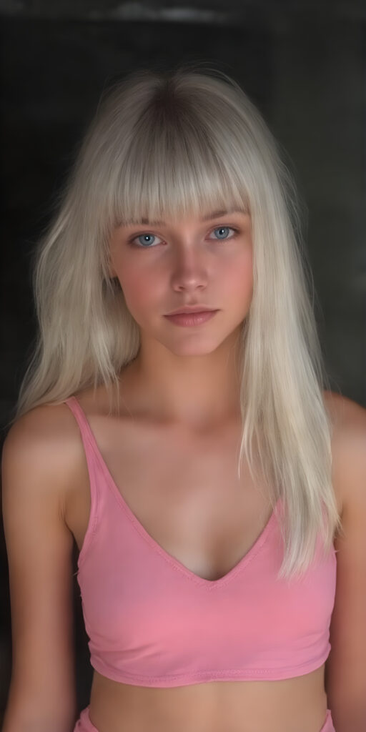 a young cute adult busty girl with long, straight white hair, bangs and an angelic face wears a thin, pink cropped tank top that accentuates her perfectly shaped body, deep v-neck. She looks seductively into the camera with a slight smile and wears a short pink round mini skirt, all against a dark backdrop, full body shot