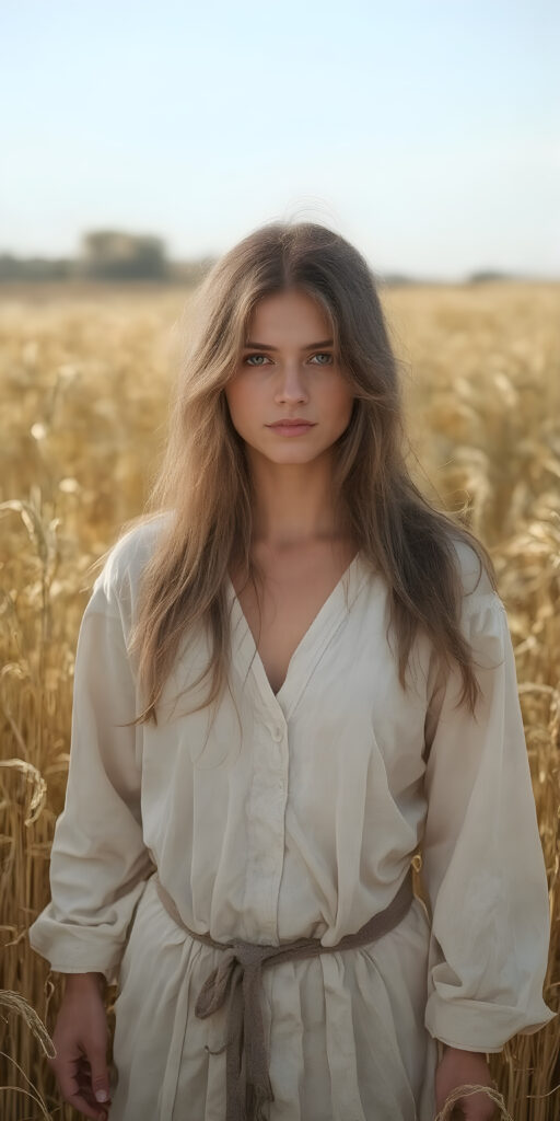 a young cute adult girl from the Middle Ages stands in a sunny wheat field wearing a traditional white robe. Her long hair is disheveled and falls over her shoulders, she looks seductive