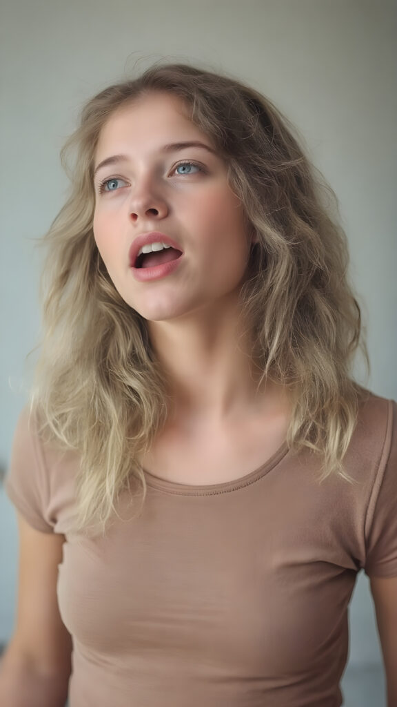 a young cute adult girl with long, curly dark blond hair and an angelic face wears a thin, brown T-shirt that accentuates her perfectly shaped body. She looks seductively up with an open mouth, white teeth, half closed eyes