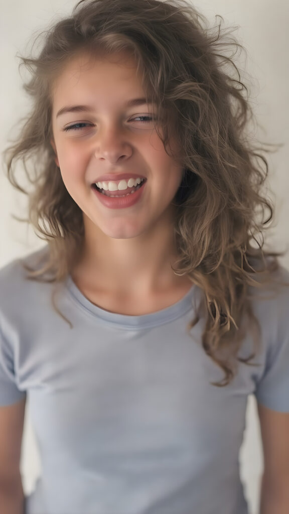 a young cute adult girl with long, curly brown hair and an angelic face wears a thin, blue T-shirt that accentuates her perfectly shaped body. She looks seductively up at the camera with wide open mouth, white teeth, closed eyes