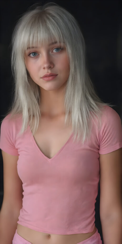 a young cute adult busty girl with long, straight white hair, bangs and an angelic face wears a thin, pink cropped tank top that accentuates her perfectly shaped body, deep v-neck. She looks seductively into the camera with a slight smile and wears a short pink round mini skirt, all against a dark backdrop, full body shot