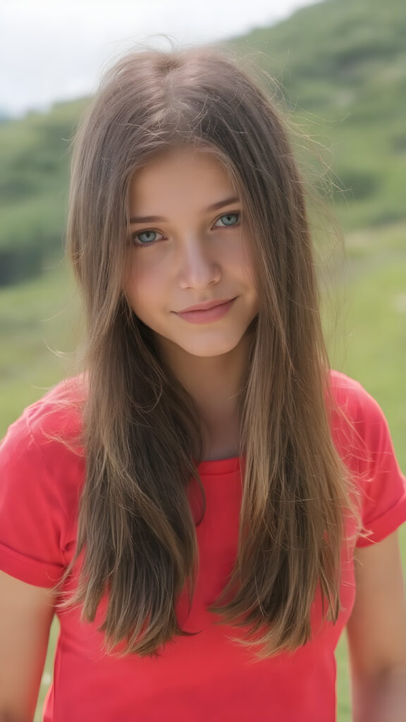 a young cute adult girl with long, straight jet brown hair and an angelic face wears a red t-shirt that accentuates her perfectly shaped body. She looks seductively into the camera with a slight smile, sunny green backdrop on a hill