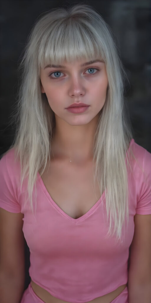 a young cute adult busty girl with long, straight white hair, bangs and an angelic face wears a thin, pink cropped tank top that accentuates her perfectly shaped body, deep v-neck. She looks seductively into the camera with a slight smile and wears a short pink round mini skirt, all against a dark backdrop, full body shot