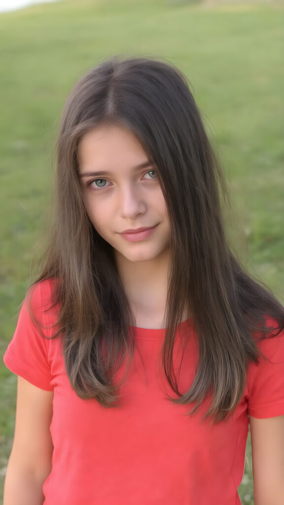 a young cute adult girl with long, straight jet brown hair and an angelic face wears a red t-shirt that accentuates her perfectly shaped body. She looks seductively into the camera with a slight smile, sunny green backdrop on a hill