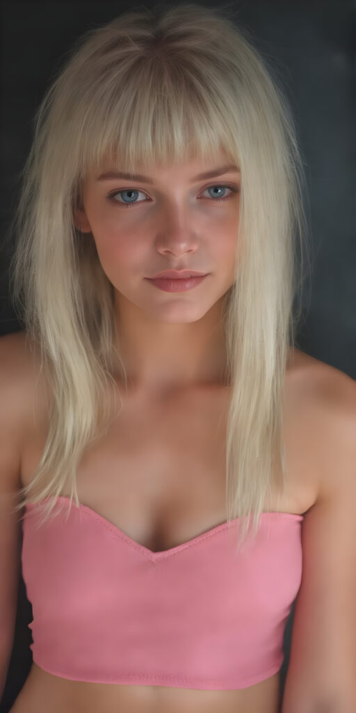 a young cute adult busty girl with long, straight white hair, bangs and an angelic face wears a thin, pink cropped tank top that accentuates her perfectly shaped body, deep v-neck. She looks seductively into the camera with a slight smile and wears a short pink round mini skirt, all against a dark backdrop, full body shot