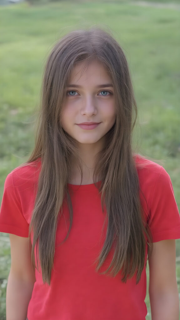 a young cute adult girl with long, straight jet brown hair and an angelic face wears a red t-shirt that accentuates her perfectly shaped body. She looks seductively into the camera with a slight smile, sunny green backdrop on a hill