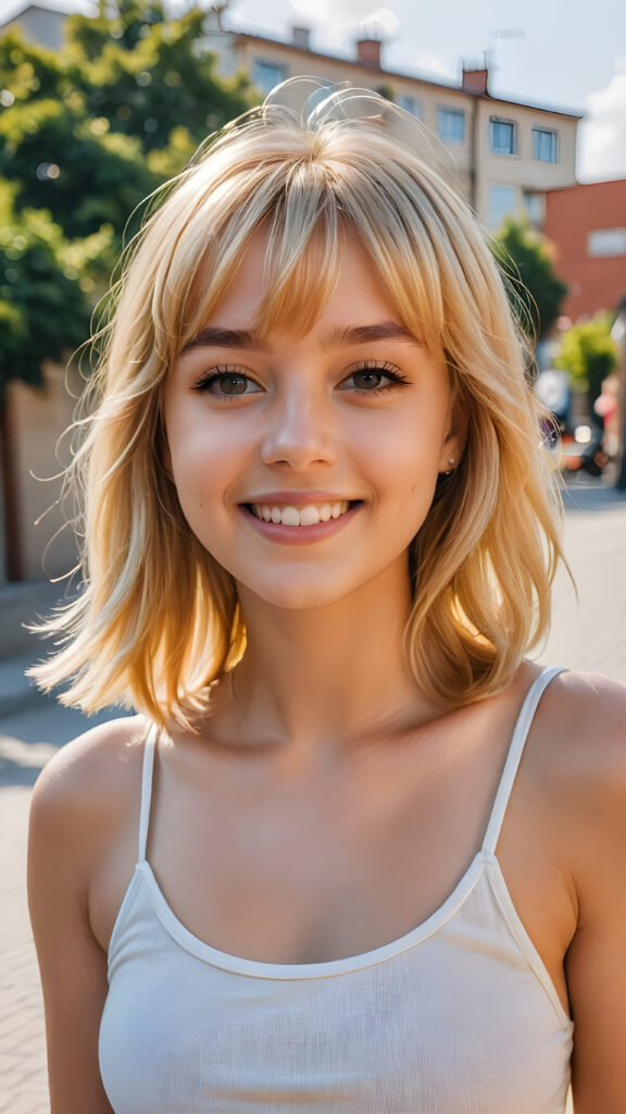 a (((young cute blond happy girl))), smile very happy, (wears a tank top), perfect curved body ((perfect portrait)), ((bangs cut, bob)) ((long straight smooth hair)) ((sunny backdrop))