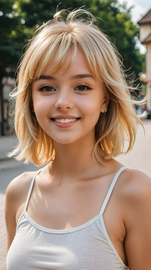 a (((young cute blond happy girl))), smile very happy, (wears a tank top), perfect curved body ((perfect portrait)), ((bangs cut, bob)) ((soft jet hair))