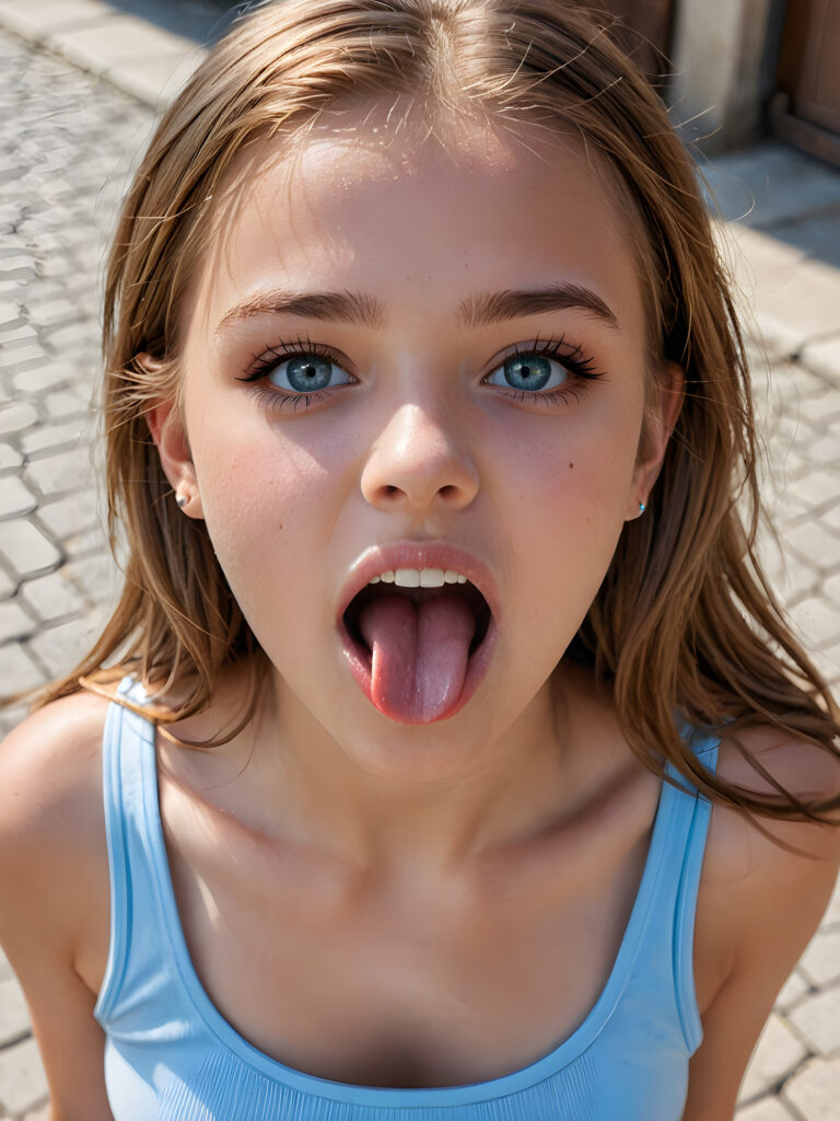 a young cute girl, 14 years old, with a beautiful face, realistic and hyper realistic, with long, straight jet brown-blond hair, reflective light blue eyes, beautiful, flawless complexion, perfect face, ultra fine, extreme realism, wears a thin cropped tank top, (((open mouth and she sticks out her round perfect tongue))) (((view from above)))