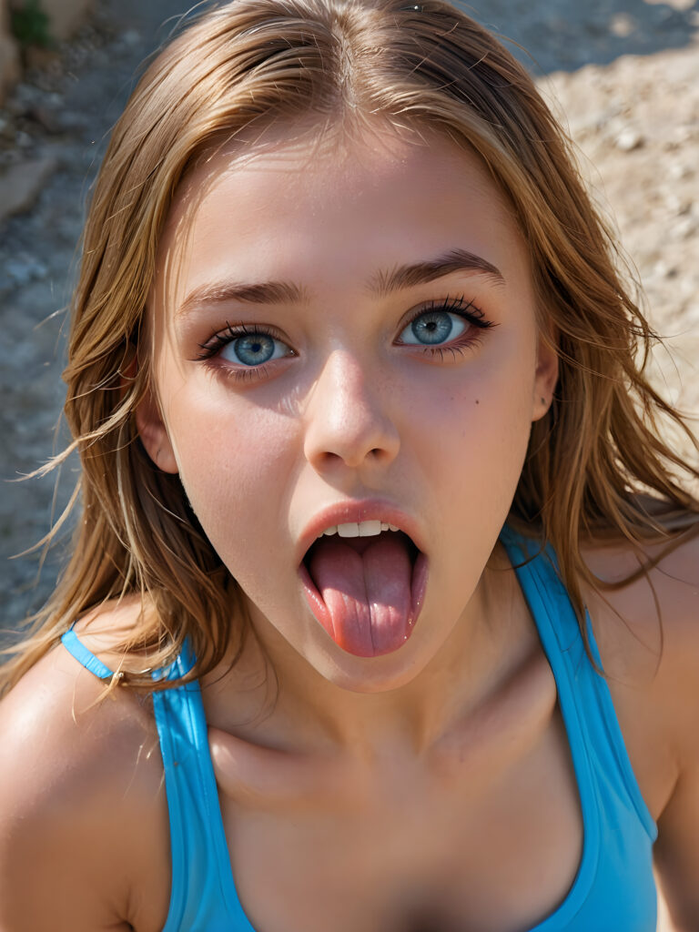 a young cute girl, 14 years old, with a beautiful face, realistic and hyper realistic, with long, straight jet brown-blond hair, reflective light blue eyes, beautiful, flawless complexion, perfect face, ultra fine, extreme realism, wears a thin cropped tank top, (((open mouth and she sticks out her round perfect tongue))) (((view from above)))