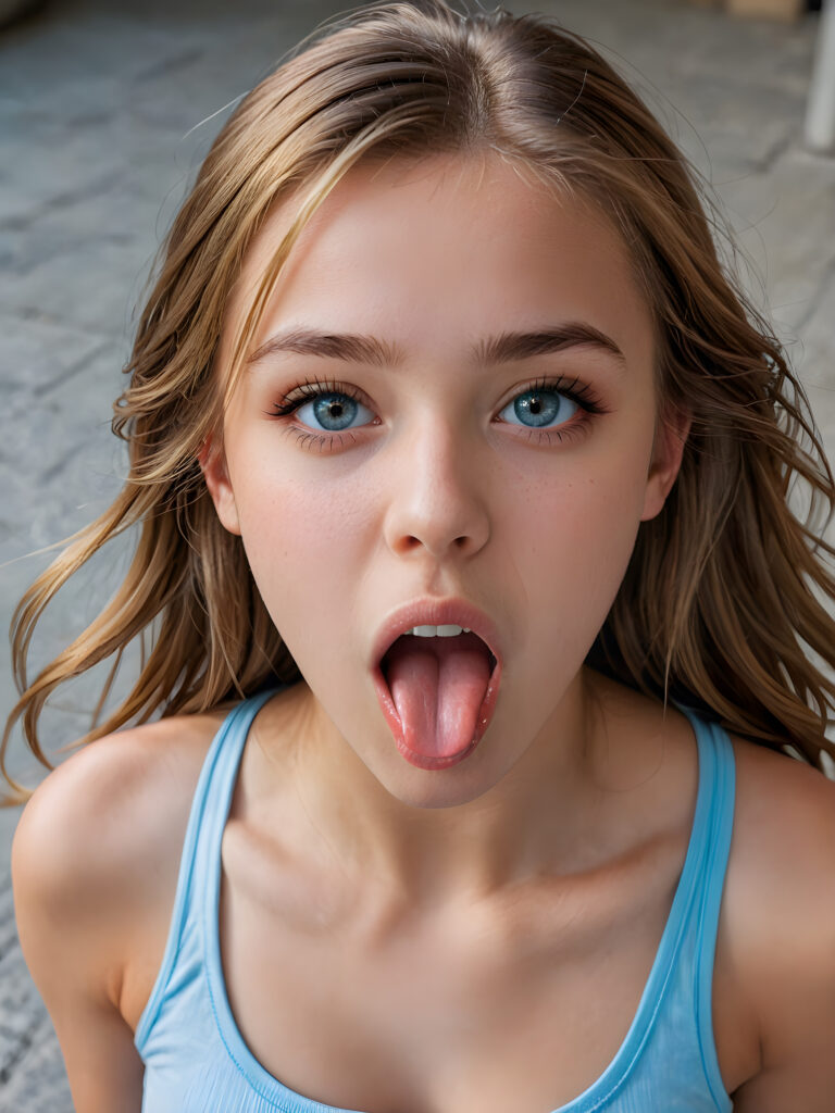 a young cute girl, 14 years old, with a beautiful face, realistic and hyper realistic, with long, straight jet brown-blond hair, reflective light blue eyes, beautiful, flawless complexion, perfect face, ultra fine, extreme realism, wears a thin cropped tank top, (((open mouth and she sticks out her round perfect tongue))) (((view from above)))