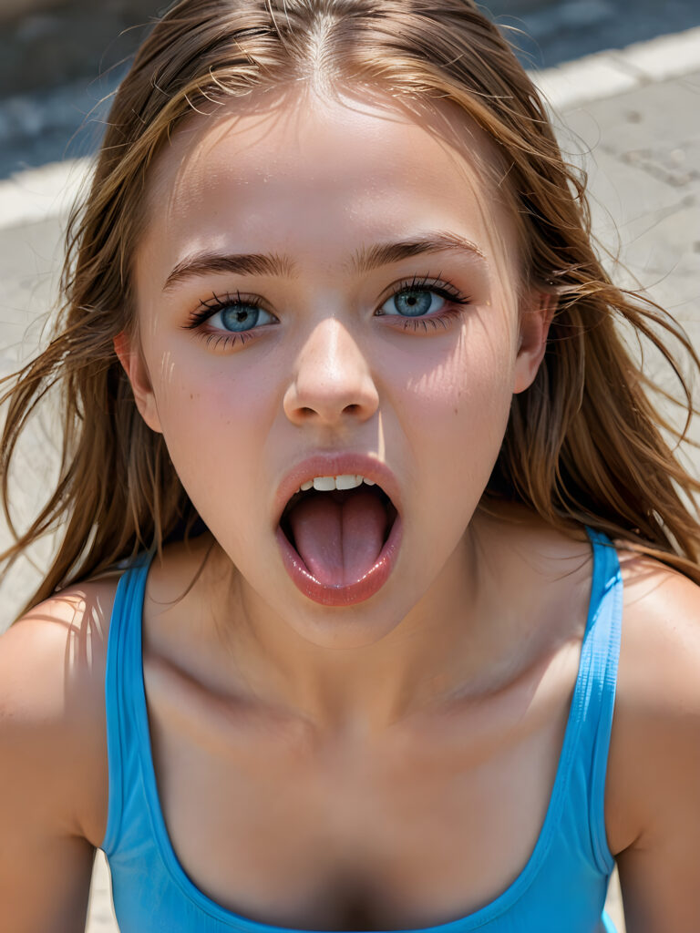 a young cute girl, 14 years old, with a beautiful face, realistic and hyper realistic, with long, straight jet brown-blond hair, reflective light blue eyes, beautiful, flawless complexion, perfect face, ultra fine, extreme realism, wears a thin cropped tank top, (((open mouth and she sticks out her round perfect tongue))) (((view from above)))