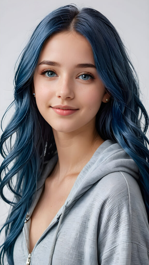 a young cute petite teen girl, warm smile, dimmed light falls on her, she has long (((long fluttering blue hair and silver eyes))) (her hair falls on her shoulders), and (realistic dark blue eyes), ((angelic round face)), in a dreamy, perfect shadows, wearing an baggy grey hoodie and denim blue jeans, perfect curved fit body, she looks seductively at the viewer and smiles slightly, upper body, flawless skin, light background, ((side profile)) ((ultra realistic photo)) ((stunning)) ((gorgeous)) ((4k))