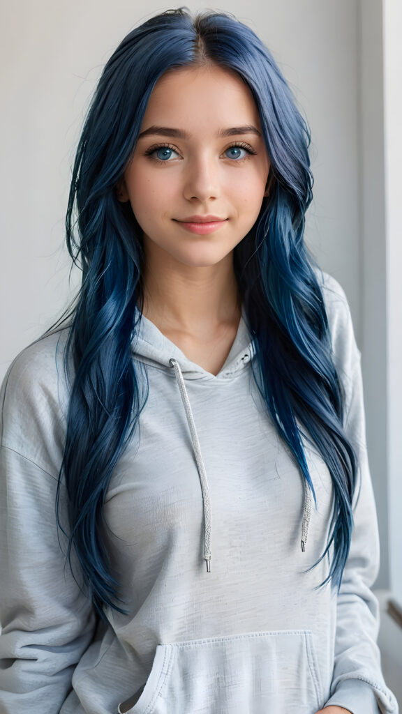 a young cute petite teen girl, warm smile, dimmed light falls on her, she has long (((long fluttering blue hair and silver eyes))) (her hair falls on her shoulders), and (realistic dark blue eyes), ((angelic round face)), in a dreamy, perfect shadows, wearing an baggy grey hoodie and denim blue jeans, perfect curved fit body, she looks seductively at the viewer and smiles slightly, upper body, flawless skin, light background, ((side profile)) ((ultra realistic photo)) ((stunning)) ((gorgeous)) ((4k))