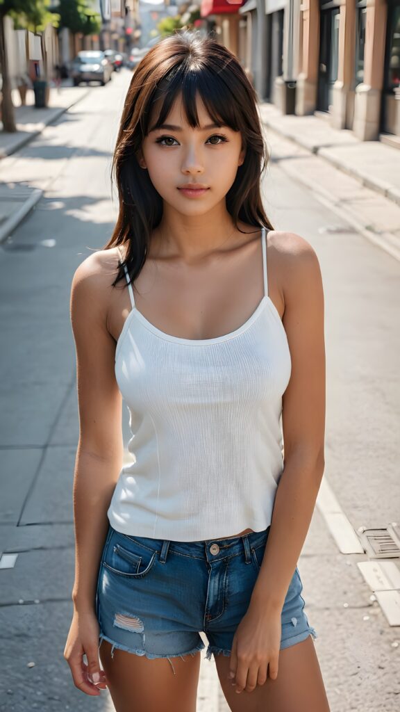 a young cute tanned girl, stand confidently on a sunny day on street, with a beautiful face, realistic and hyper realistic, with long, straight jet black hair, bangs frame her face, reflective eyes, beautiful, flawless complexion, perfect face, ultra fine, extreme realism, ((wears a thin cropped spaghetti tank top)), short jeans pants, perfect fit curved body, (((view from above)))