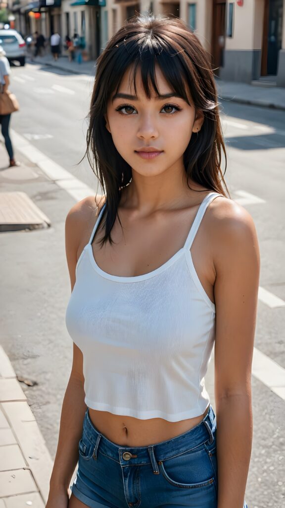 a young cute tanned girl, stand confidently on a sunny day on street, with a beautiful face, realistic and hyper realistic, with long, straight jet black hair, bangs frame her face, reflective eyes, beautiful, flawless complexion, perfect face, ultra fine, extreme realism, ((wears a thin cropped spaghetti tank top)), short jeans pants, perfect fit curved body, (((view from above)))