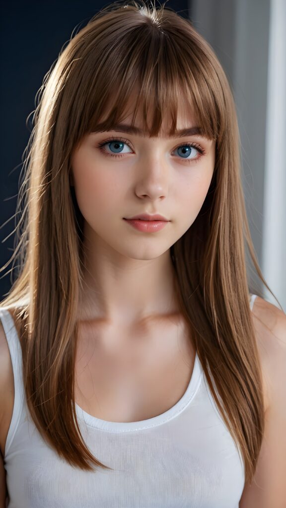 a young cute Emo teen girl, she has (((long straight hazelnut hair, bangs cut))), and (realistic dark blue eyes), ((angelic round face)), perfect shadows, ((wearing a thin white tank top)), she looks seductively at the viewer, weak light falls into the picture and creates a contrasting silhouette, upper body, flawless skin, dark mystic background, ((ultra realistic photo)) ((stunning)) ((gorgeous)) ((4k))