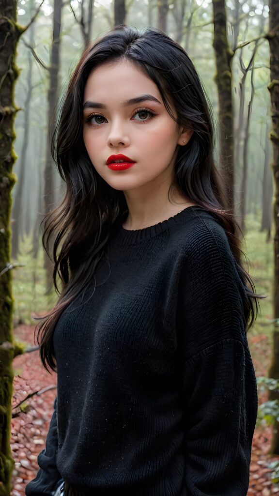 a young cute teen girl with long, straight and shiny jet black hair, ((full plump red lips)), wears a ((black sweater made of wool)), looks seductively at the viewer. In the background a misty, gloomy forest with faint moonlight, she has a perfect fit curved body, side view