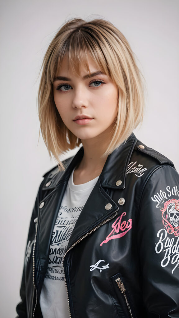 a young cute teenage girl with long two-toned blond bob cut hair, with bangs, ((black biker jacket)), ethereal, tattoo art style, ((calligraphic style)), hand painted, no photo realistic, hazy white backdrop, ((beautiful colors))