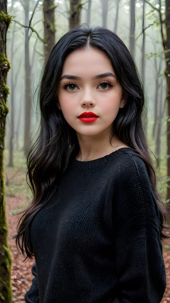 a young cute teen girl with long, straight and shiny jet black hair, ((full plump red lips)), wears a ((black sweater made of wool)), looks seductively at the viewer. In the background a misty, gloomy forest with faint moonlight, she has a perfect fit curved body, side view