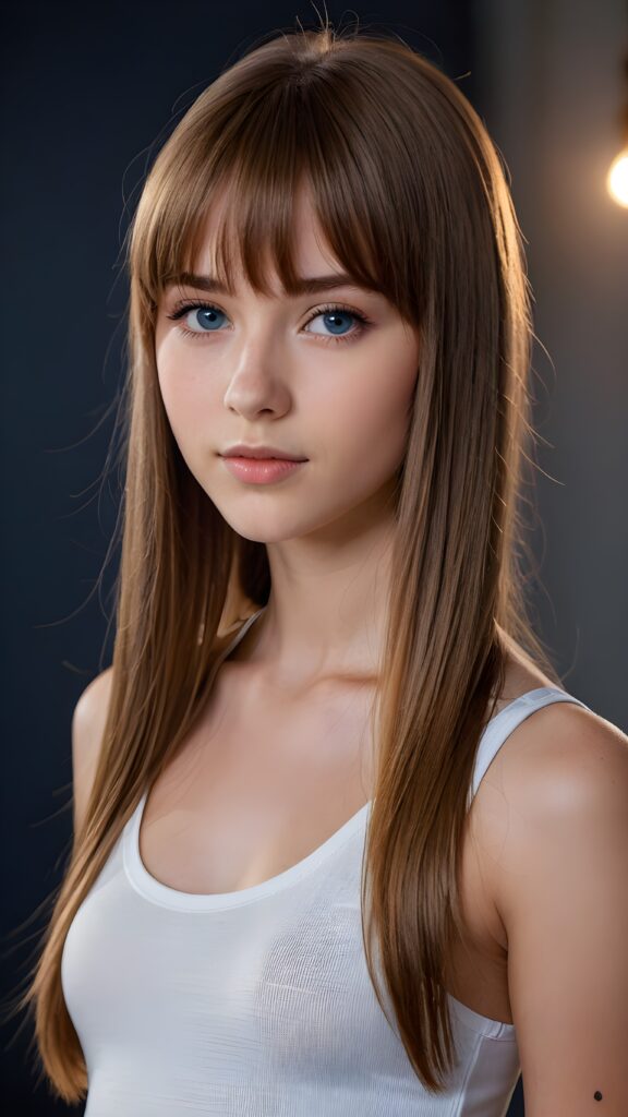 a young cute Emo teen girl, she has (((long straight hazelnut hair, bangs cut))), and (realistic dark blue eyes), ((angelic round face)), perfect shadows, ((wearing a thin white tank top)), she looks seductively at the viewer, weak light falls into the picture and creates a contrasting silhouette, upper body, flawless skin, dark mystic background, ((ultra realistic photo)) ((stunning)) ((gorgeous)) ((4k))