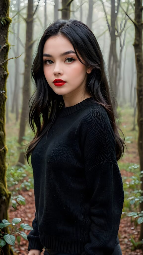 a young cute teen girl with long, straight and shiny jet black hair, ((full plump red lips)), wears a ((black sweater made of wool)), looks seductively at the viewer. In the background a misty, gloomy forest with faint moonlight, she has a perfect fit curved body, side view