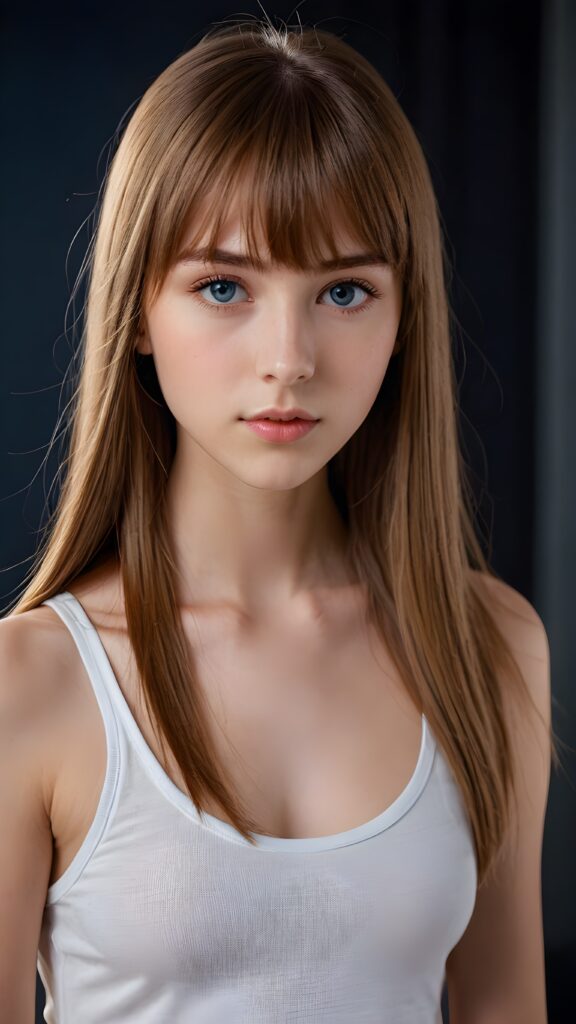 a young cute Emo teen girl, she has (((long straight hazelnut hair, bangs cut))), and (realistic dark blue eyes), ((angelic round face)), perfect shadows, ((wearing a thin white tank top)), she looks seductively at the viewer, weak light falls into the picture and creates a contrasting silhouette, upper body, flawless skin, dark mystic background, ((ultra realistic photo)) ((stunning)) ((gorgeous)) ((4k))