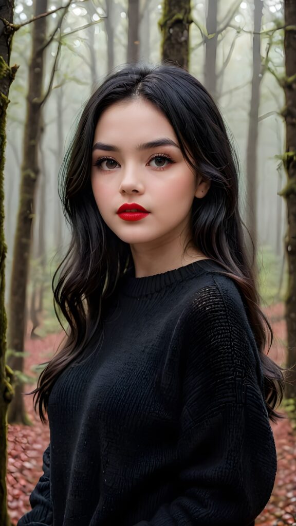 a young cute teen girl with long, straight and shiny jet black hair, ((full plump red lips)), wears a ((black sweater made of wool)), looks seductively at the viewer. In the background a misty, gloomy forest with faint moonlight, she has a perfect fit curved body, side view