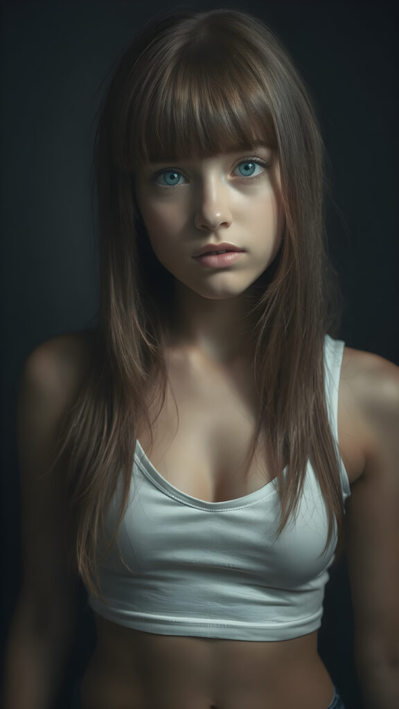 a young cute well busty Emo teen girl, she has (((long straight hazelnut hair, bangs cut))), and (realistic dark blue eyes), ((angelic round face)), perfect shadows, ((wearing a thin white tank top, deep v-neck, open front)), she looks seductively at the viewer, weak light falls into the picture and creates a contrasting silhouette, upper body, flawless skin, dark mystic background, ((ultra realistic photo)) ((stunning)) ((gorgeous)) ((4k))