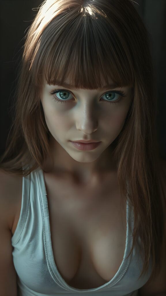 a young cute well busty Emo teen girl, she has (((long straight hazelnut hair, bangs cut))), and (realistic dark blue eyes), ((angelic round face)), perfect shadows, ((wearing a thin white tank top, deep v-neck, open front)), she looks seductively at the viewer, weak light falls into the picture and creates a contrasting silhouette, upper body, flawless skin, dark mystic background, ((ultra realistic photo)) ((stunning)) ((gorgeous)) ((4k))