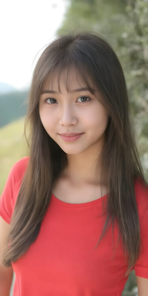 a young cute Asian girl with long, straight jet brown hair and an angelic face wears a red t-shirt that accentuates her perfectly shaped body. She looks seductively into the camera with a slight smile, sunny green backdrop on a hill, side shot, full body