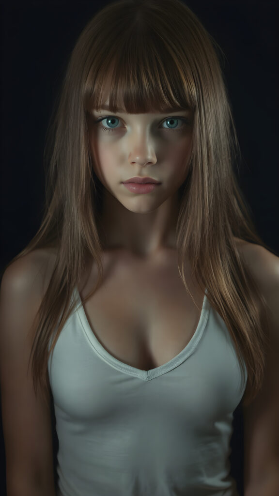 a young cute well busty Emo teen girl, she has (((long straight hazelnut hair, bangs cut))), and (realistic dark blue eyes), ((angelic round face)), perfect shadows, ((wearing a thin white tank top, deep v-neck, open front)), she looks seductively at the viewer, weak light falls into the picture and creates a contrasting silhouette, upper body, flawless skin, dark mystic background, ((ultra realistic photo)) ((stunning)) ((gorgeous)) ((4k))