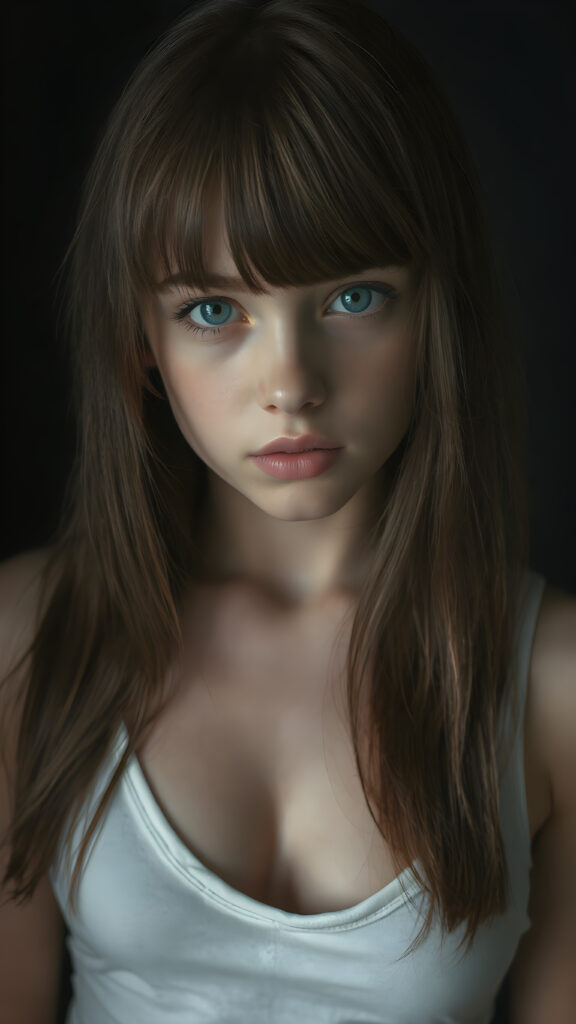 a young cute well busty Emo teen girl, she has (((long straight hazelnut hair, bangs cut))), and (realistic dark blue eyes), ((angelic round face)), perfect shadows, ((wearing a thin white tank top, deep v-neck, open front)), she looks seductively at the viewer, weak light falls into the picture and creates a contrasting silhouette, upper body, flawless skin, dark mystic background, ((ultra realistic photo)) ((stunning)) ((gorgeous)) ((4k))