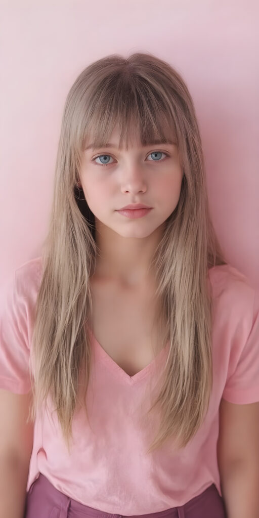 a young cute young girl with long, straight ((soft pink hair)), bangs and an angelic face wears a thin, pink wide t-shirt that accentuates her perfectly shaped body, deep v-neck. She looks seductively into the camera with a slight smile and wears a short dark pink round mini skirt, all against a light pink backdrop, full body shot