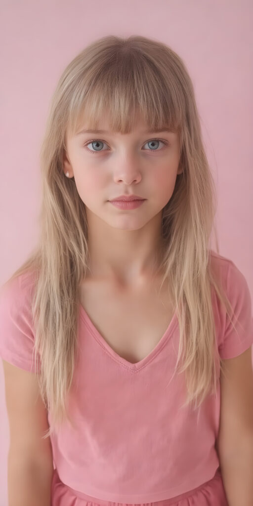 a young cute young girl with long, straight ((soft pink hair)), bangs and an angelic face wears a thin, pink wide t-shirt that accentuates her perfectly shaped body, deep v-neck. She looks seductively into the camera with a slight smile and wears a short dark pink round mini skirt, all against a light pink backdrop, full body shot